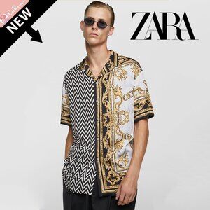Zara Versace Style Baroque Gold Chain Print Button Up Shirt Geometric Men Small